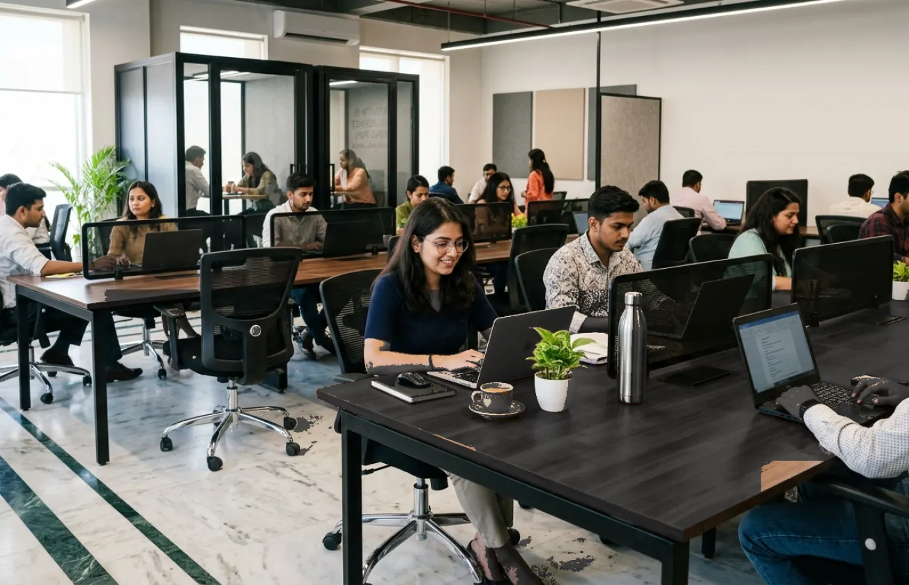 Open seating desks at Office Square Jaipur